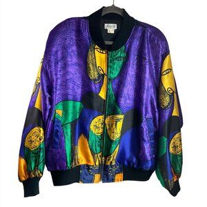 VTG Monaliza High Fashion Large Picasso Satin Jacket Abstract Art All Over Print